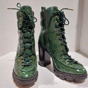 Michael Kors Green Ridley Crocodile Embossed Leather Lace-Up Boots Booties 9M